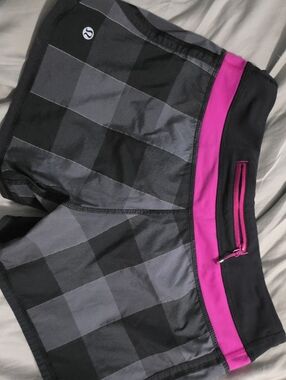 lululemon athletica Black and Gray Plaid Athletic Shorts with Pink Waistband